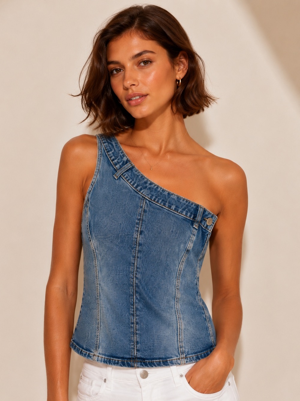 Zara One-Shoulder Denim Corset Top